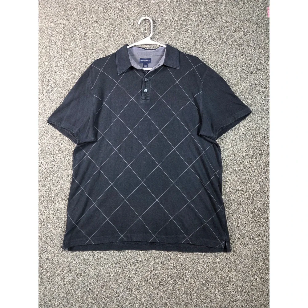 Banana Republic Polo Shirt Mens Large Black Windowpane Grid Short Sleeve‎ Cotton